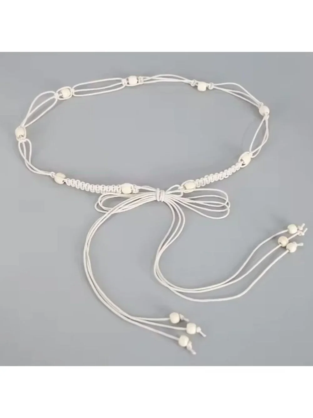 White/Beige Braided Rope Wrap-Around Belt With Wooden Beads